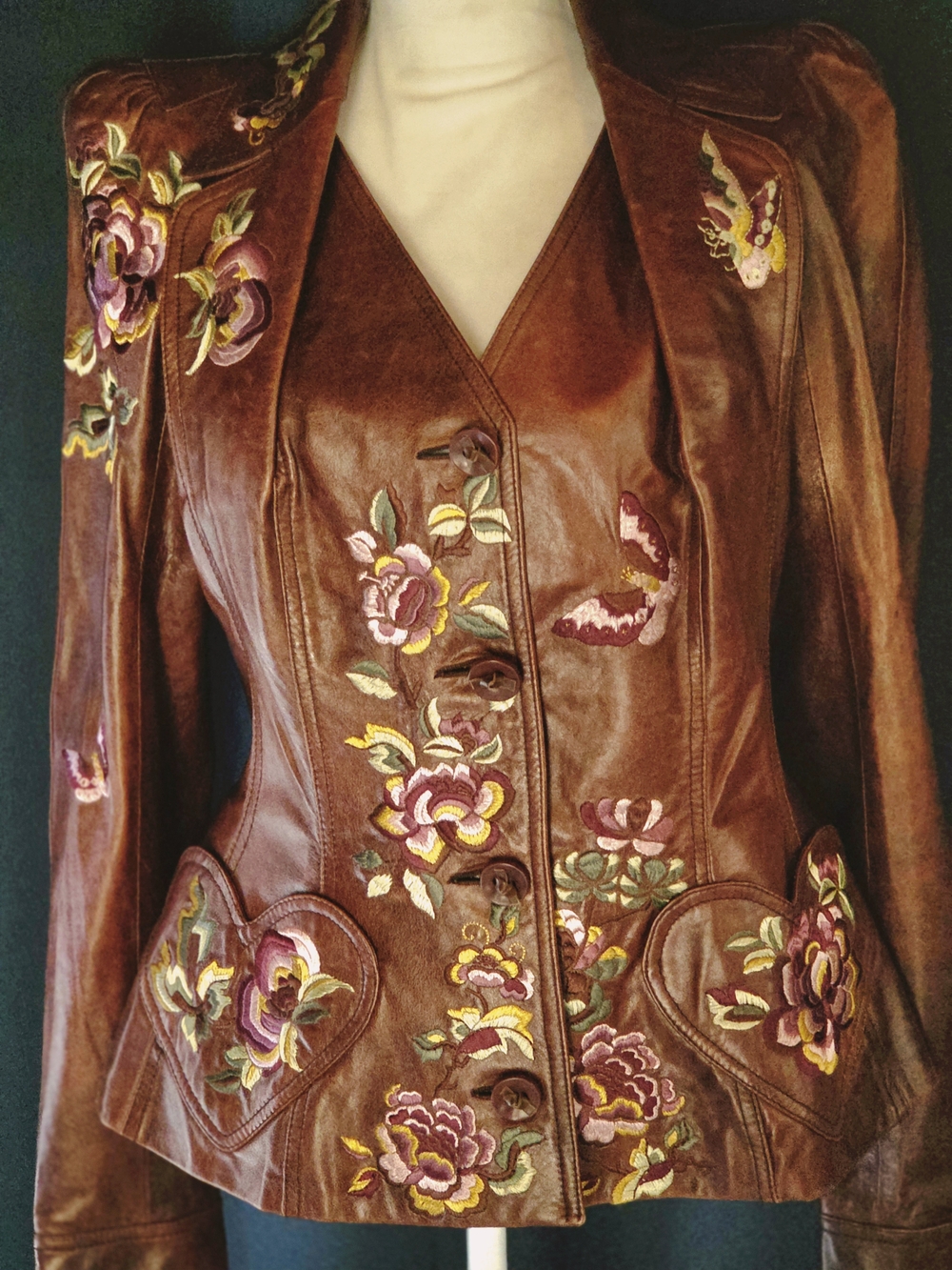 Dior Brown Leather Jacket with Floral Embroidery